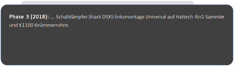 Abgerundetes Rechteck: Phase 3 (2018): ... Schalldämpfer Shark DSX5 linksmontage Universal auf Hattech 4in1 Sammler und K1100 Krümmerrohre.
 
